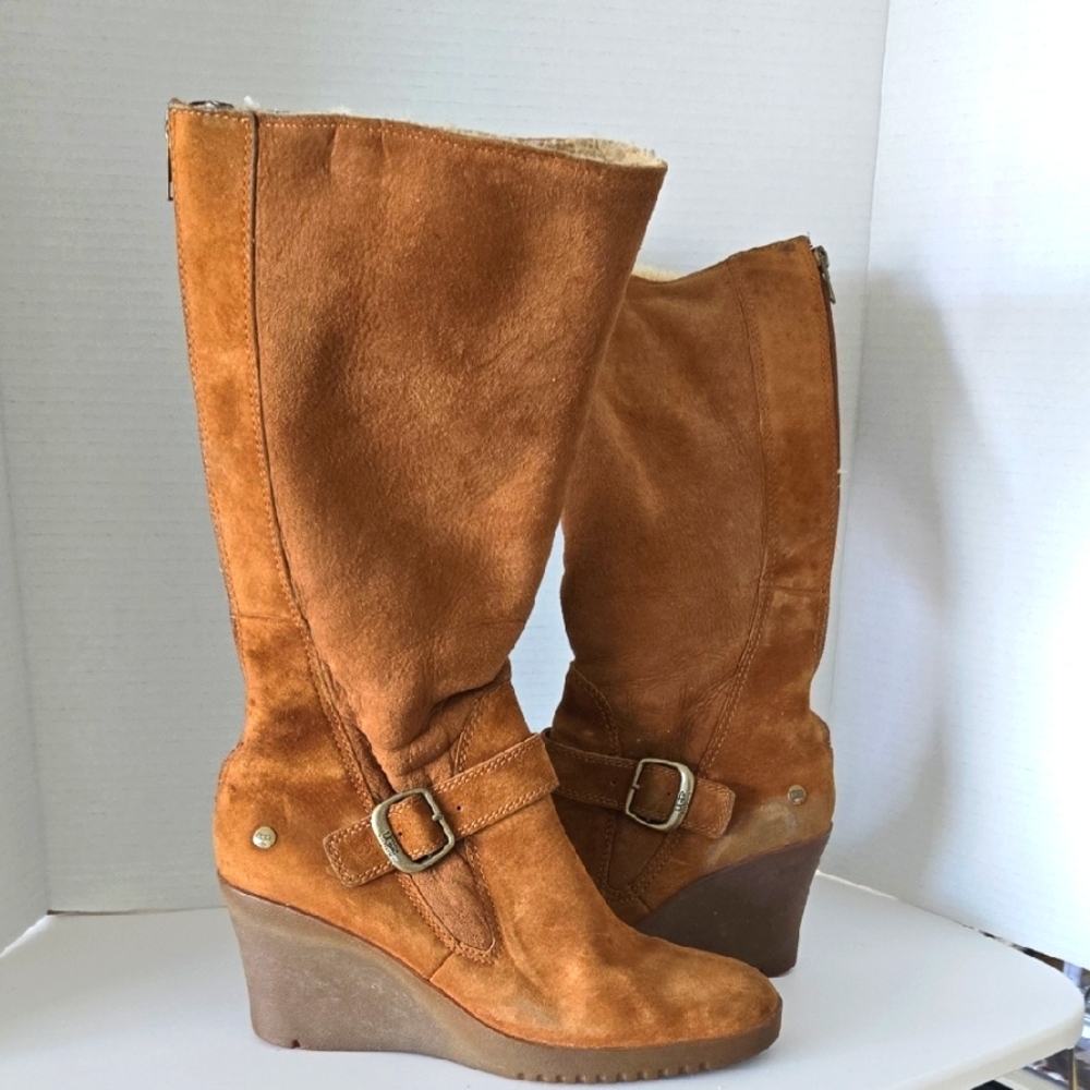 UGG Tan Suede Wedge Boots with Buckle Detail